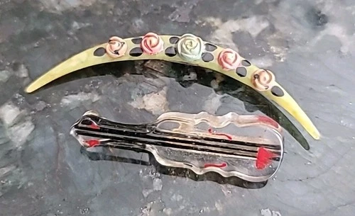 Antique Bakelite Jewelry 2 Pins Roses And Lucite Guitar Very Showy