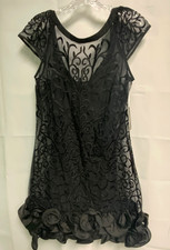 Women's Guess Black Dress Size 6 Ruffle Caps with Embroidered Lace Mesh