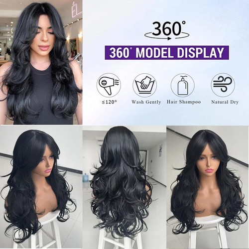 Long Wavy Black Layered Wig with Curtain Bangs for Black Women,Synthetic Laye... - Bild 7 von 7