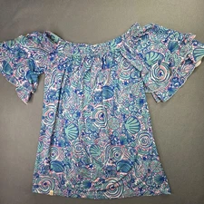 Simply Southern Shirt Womens L Blue Pink Seashell Print Off Shoulder Summer Top
