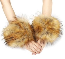 Women's Leopard Print Faux Fur Wrist Cuffs,Winter Fox Furry Nature With Tips