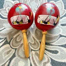 Vintage Mexican Gourd Maracas Wooden Handles Red Hand Painted