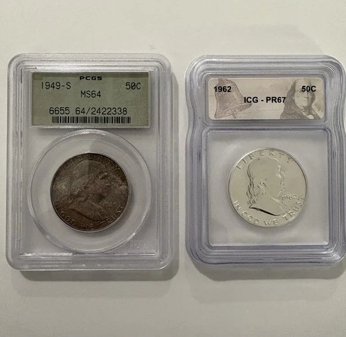 Lot of 2 - 1949-S PCGS MS64 & 1962 ICG MS67 Franklin Half Dollar 90% Silver