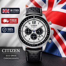 Citizen Eco-Drive Chronograph Men’s Premium Black Leather Strap Steel Watch UK