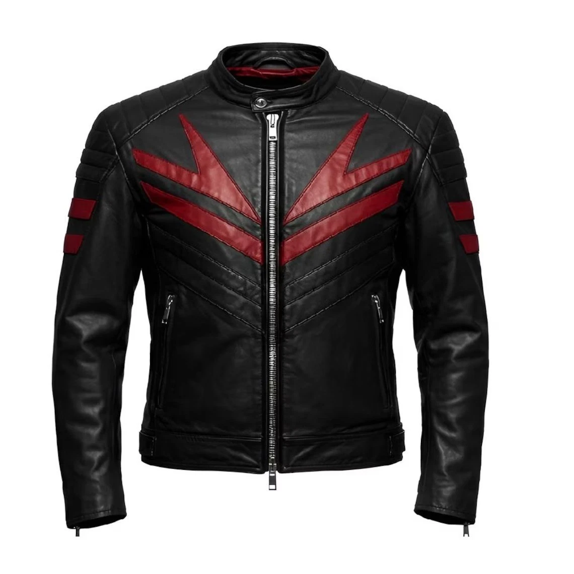 Men's Black Biker Jacket with Bold Red Stripes and Quilted Panels Motorcycle