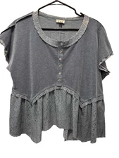 POL Women's Blue Ribbed Crochet Lace Button Front Hi-Low Tunic Top