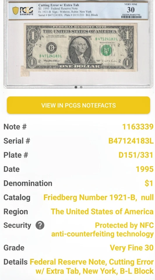 2 In 1 Cutting Error W / Extra Tab $1 1995 FRN PGSC 30 Very Fine Hard To Find  - Image 4 of 4