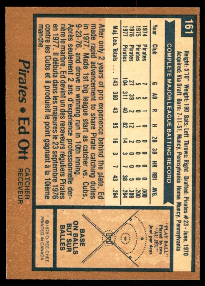 1978 O-PEE-CHEE ED OTT PITTSBURGH PIRATES #161 - Image 2 of 2