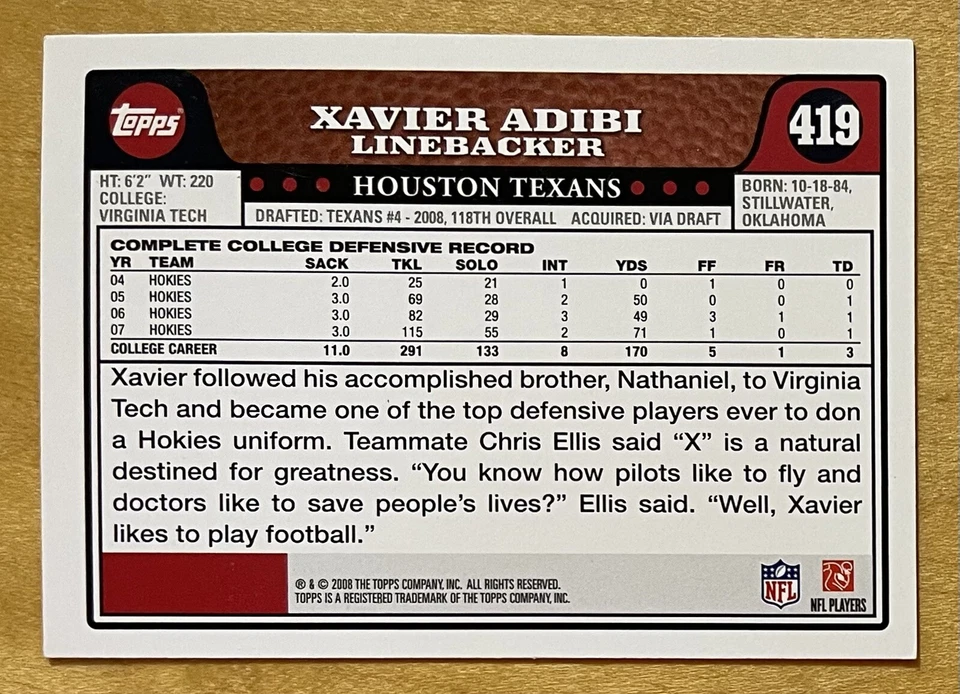Xavier Adibi Rookie 2008 Topps Football #419 Houston Texans NM - Image 2 of 2