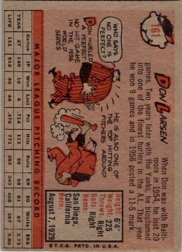 1958 Topps Don Larsen New York Yankees #161 excelente estado - Imagen 2 de 2