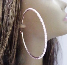 RHINESTONE HOOP EARRINGS ROSE GOLD PLATED 3 INCH HOOPS CRYSTAL LARGE HOOPS