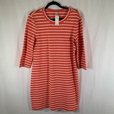 Old Navy Dress Womens Medium Orange Striped 3/4 Sleeve Crew Neck Knee Length New