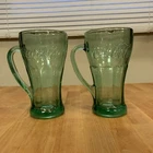 (2) VINTAGE GREEN TINTED COCA COLA BOTTLE SHAPED GLASS MUGS w/HANDLES
