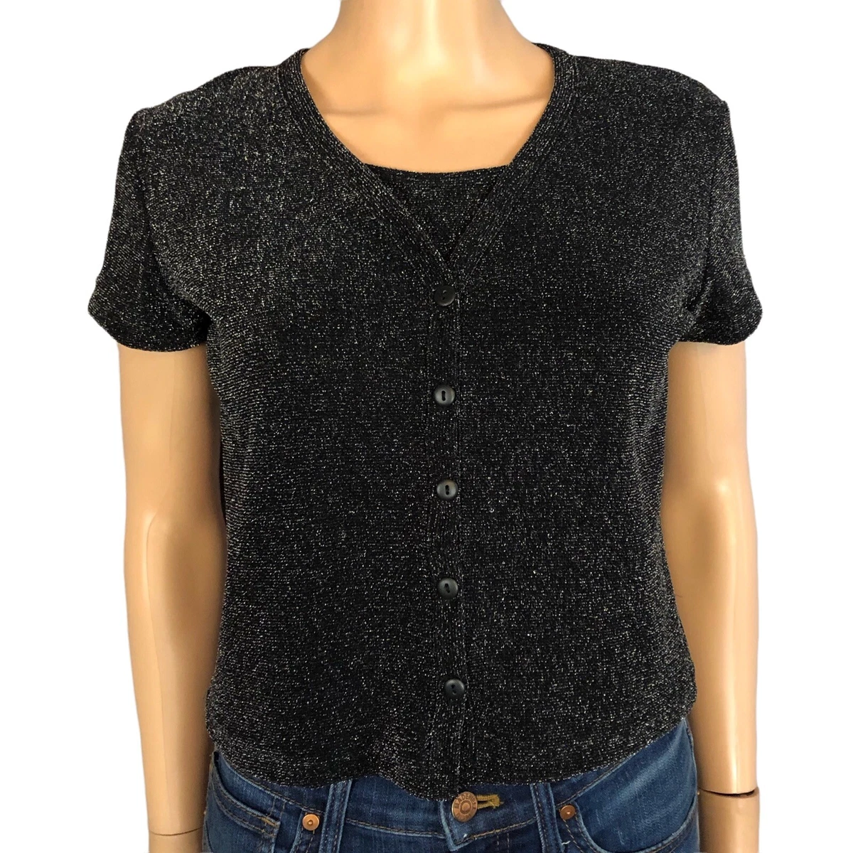 90s Vintage Charlotte Russe Womens Layered Shirt Button Down Metallic Knit Small