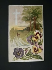 Vintage Easter Greetings Pansies White Cross Flowers Postcard H30