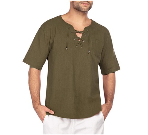 Short sleeved cotton linen lace up collar casual men's T-shirt shirt - Picture 16 of 17