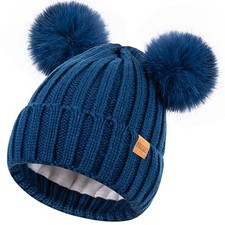 Women's Winter Warm Knit Beanie with Faux Fur Pom Skull Cap Cozy Fleece Blue