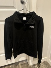 PINK Victoria's Secret Black Fleece 1/4 Zip Sweatshirt Women's Size L Logo