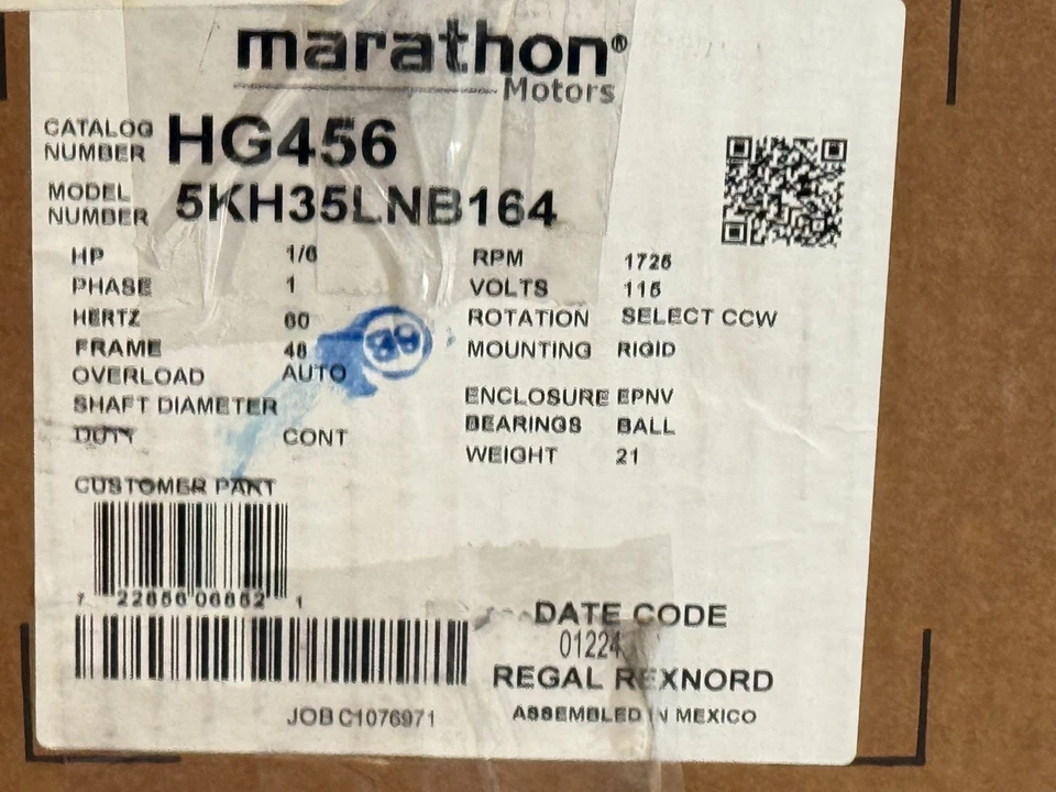 Marathon Motors 5KH35LNB164 Motor HG456, 1PH, 1/6HP, 48 Frame, 1725RPM, 115V - Image 3 of 4