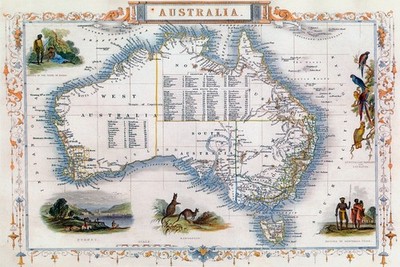 1800'S BIRDS EYE VIEW MAP AUSTRALIA NATIVES KANGAROO BIRDS VINTAGE POSTER REPRO