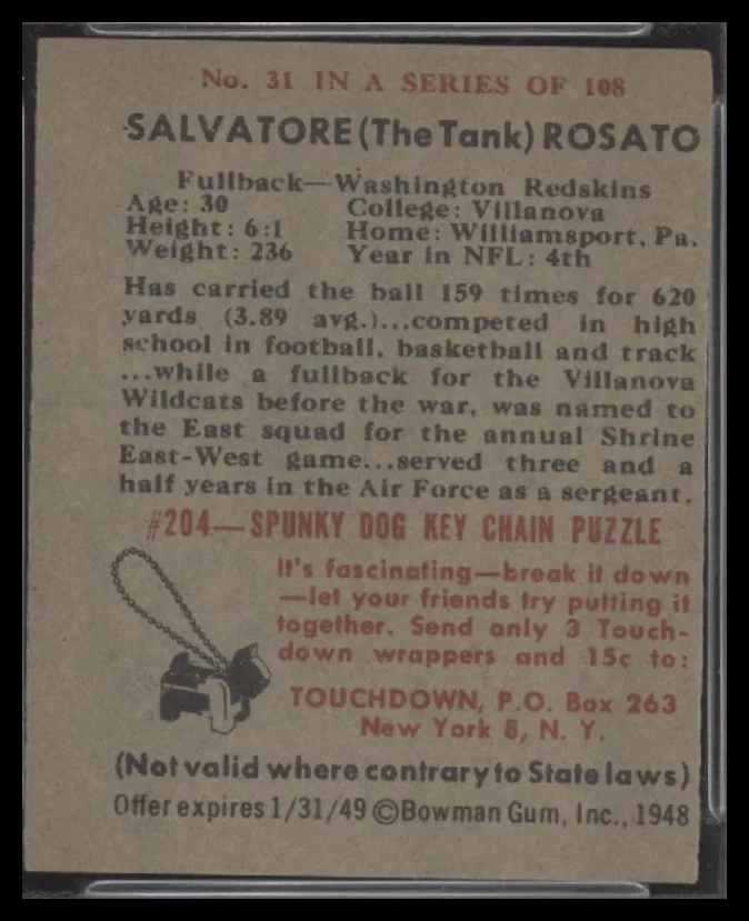 1948 BOWMAN SALVATORE ROSATO 31 EXMT RC PSA 6 FOOTBALL SACRAMENTO KINGS - Image 2 of 2