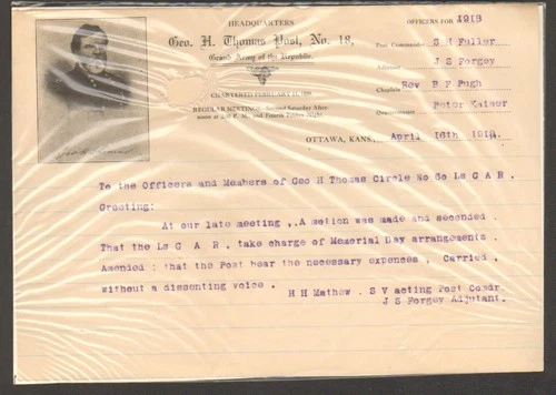 1918 LETTER, THOMAS POST #18, GRAND ARMY OF THE REPUBLIC, OTTAWA, KS.