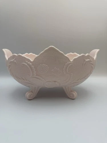 Vintage Jeannette Blush Shell Pink Lombardi Pattern Milk Glass Oval Footed Bowl