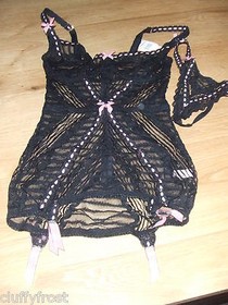 AGENT PROVOCATEUR 34C OR 36C BLACK/PINK KRYSTALANA CORSELETTE & THONG 3 MED BNWT