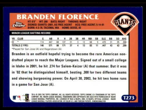 2003 Topps Traded & Rookies #T273 Branden Florence Rookie Chrome - Picture 2 of 2
