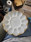 Vintage Deviled Egg Serving Dish, White Milk Glass With Hand Painted Gold Trim