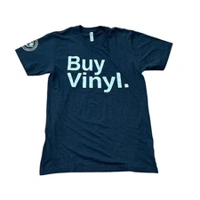 Navy blue cotton casual t-shirt with "Buy Vinyl" print 