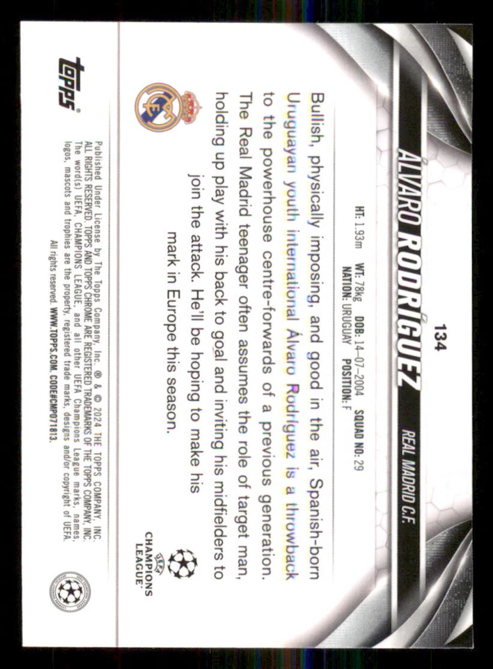 2023-24 Topps Chrome Sapphire UEFA Club Competitions #134 Alvaro Rodriguez FS - Image 2 of 2