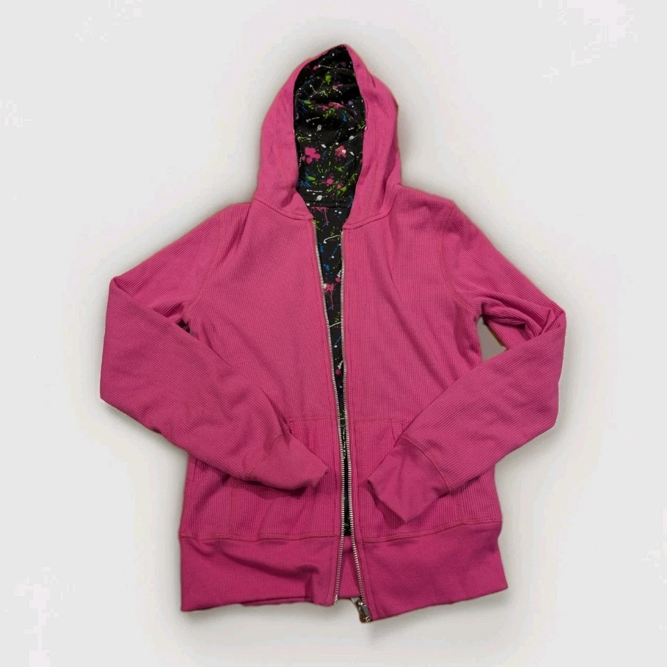 Sudadera con Capucha Mujer Pequeña Reversible Rosa Cremallera Negra Pintura Salpicaduras Y2K Hip Hop Retro Foto 2 de 4
