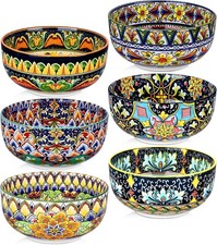Ceramic Cereal Bowls Set of 6, 28 Oz Bohemian Soup Bowl, Colorful Bowls Set for
