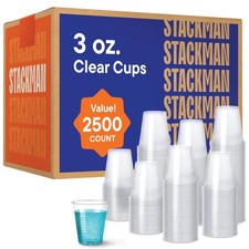 Stack Man Case of 2,500 – 3 oz. Disposable Clear Plastic Cups, 100 Count
