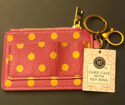 Walgreens Zippered Card Case Key Ring Wallet Pink/Gold Polka Dot Heart