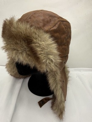 Marks and Spencer Bomber Hat Faux Fur Trim Faux Leather Brown size M