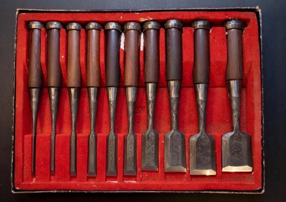 Christmas Gift Hand Forged Damascus Steel Chisel Set Japanese Rosewood 10-Piece - Image 4 of 4