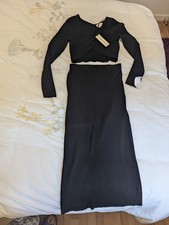 Black Ribbed Knit Two Piece Set Size S - Long Sleeve Twist Crop Top Midi Skirt