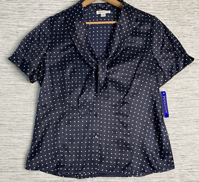 Pendleton womens blouse 100% silk Size 16 button short sleeve polka dot Neck Bow