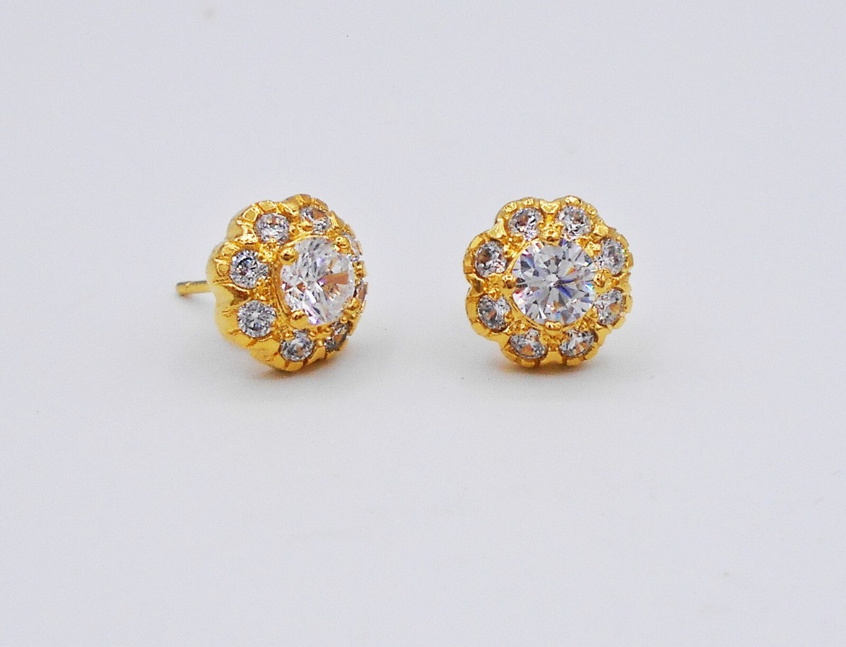 mm Diamond CZ 23K Thai Baht Yellow Gold Plated Stud Earrings Jewelry Women