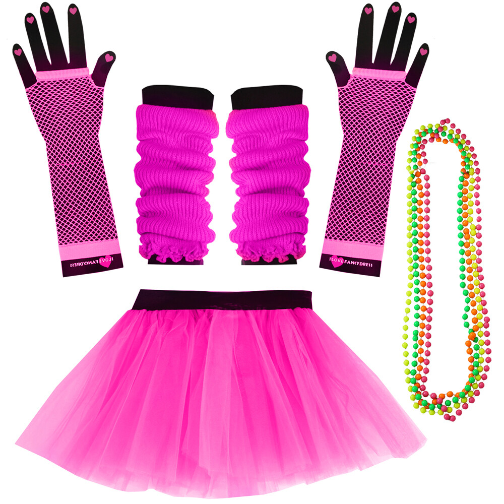 NEON TUTU SKIRT SET 80S FANCY DRESS LEG WARMERS FISHNET GLOVES