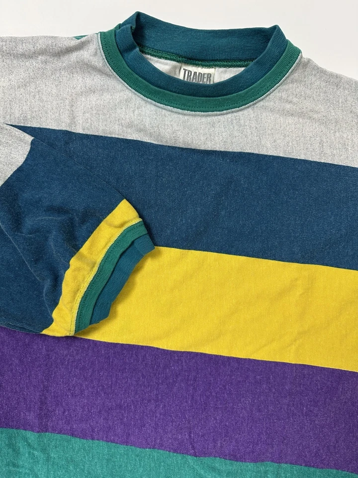 Vintage 90s Colorblock Shirt Medium Yellow Teal Purple Surf Skate Trader Bay USA - Image 2 of 4