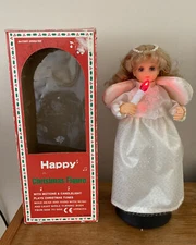 Happy Christmas White Dress Angel Figure VINTAGE  Light, Candle, Music