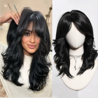 Synthetic Yaki Fiber Wig with Bangs Body Wave Heat Resistant Natural Look Amazon.com : Allbell Long Black Wigs for Women Shouler  main image 3