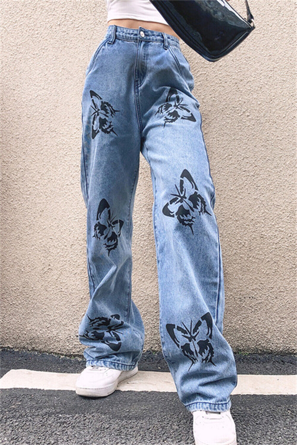 Women&#039;s Ladies Jeans Butterfly Print Denim Leg Pants Casual eBay