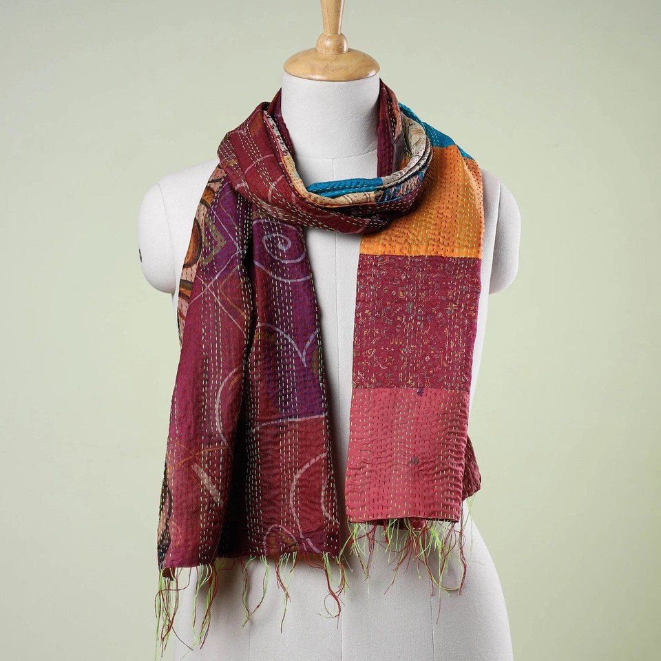 Patchwork Silk Kantha Scarves Handmade Vintage Reversible Sari Scarf