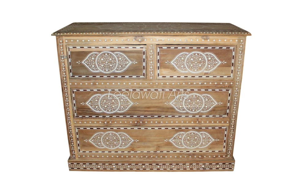 Mesa auxiliar Indian Teck madera con incrustación de hueso diseño floral marrón Foto 4 de 4