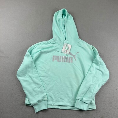 Puma Hoodie Womens Large Aqua Green Pullover Hooded Cropped Sweatshirt NWT