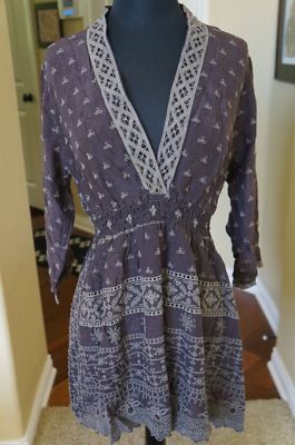 NEW Johnny Was Embroidered V Neck Rayon Crochet Tunic Top Shirt Blouse S Brown